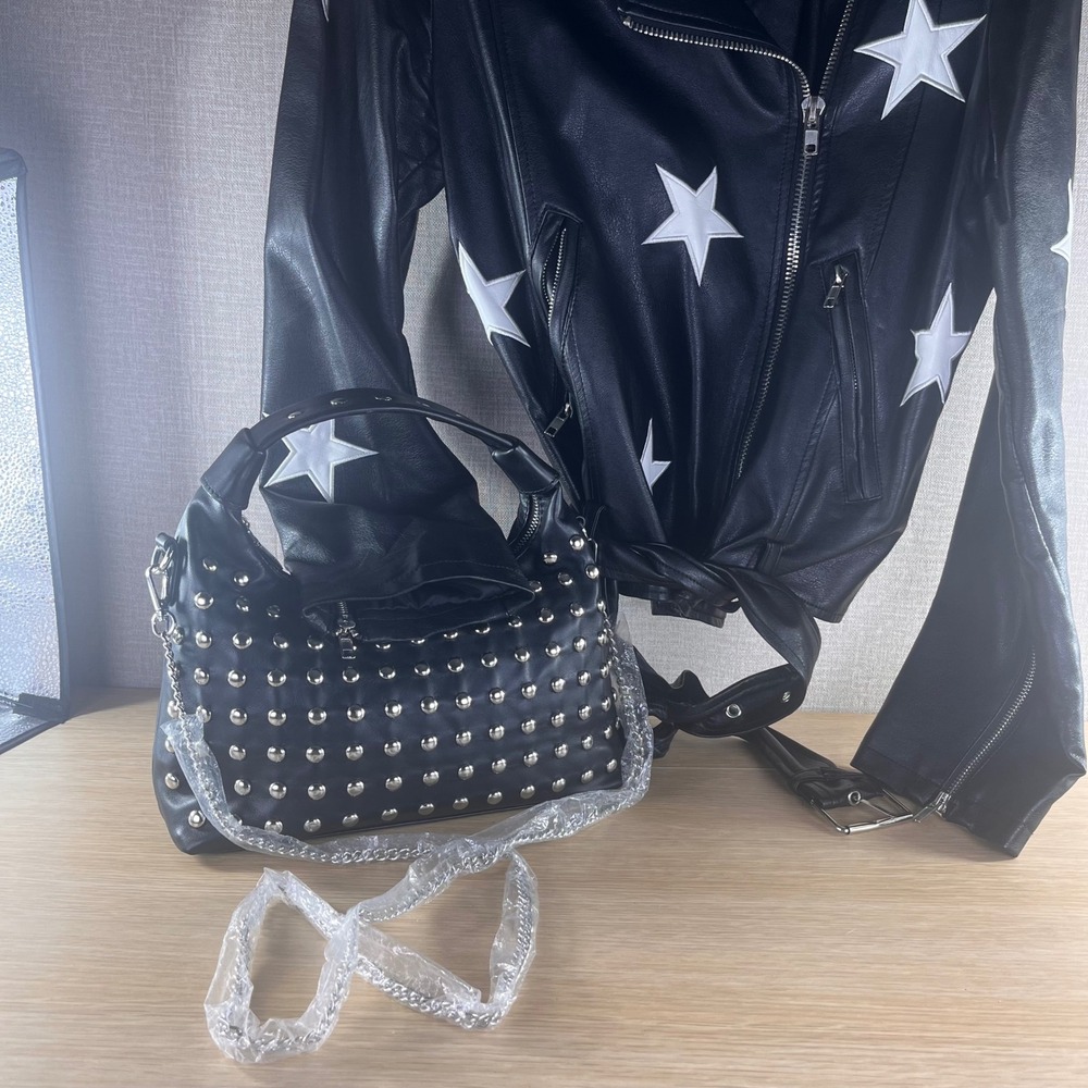 Urban Expressions Black Studded Vegan Leather Hobo Bag with Chain Strap Y2K Moto